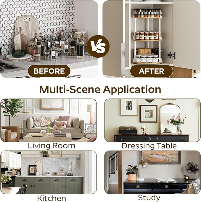 3-Tier Lazy Susan Organizer, Rotating Spice Rack, Spinning Organizer, Industrial Turntable Spice Rack Organizer for Cabinet, Kitchen Countertop, Pantry, White and Natural SR23WN