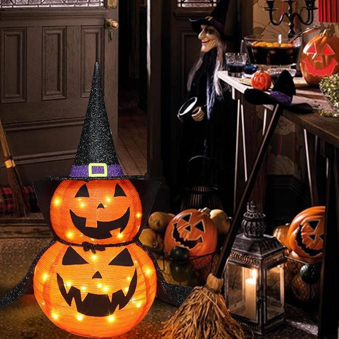 3FT Halloween Collapsible Pumpkin Decoration, 50 LED Pop-Up Pumpkin Lamp with Star Cap, Plug in Halloween Jack-O-Lantern with Metal Stand for Indoor Outdoor Garden Patio Party Decor