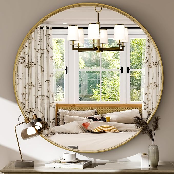 24 Inch Round Bathroom Mirror - Wall Mounted Circle Mirror with Metal Frame, Modern Mirror Suitable for Bathroom, Vanity, Entryway, Living Room, Wall Decor,Gold