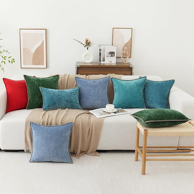 decorUhome Chenille Soft Throw Pillow Covers 20x20 Set of 2, Farmhouse Velvet Neutral Decorative Euro Pillow Covers with Stitched Edge for Couch Sofa Bed Home Decor, Turquoise