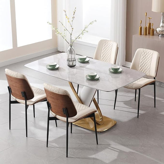 BV Dining Chairs Set of 4, PU Leather Armless Kitchen Chair in Modern Walnut Style, Mid Century Bentwood Side Chair with Metal Legs, Retro Accent Guest Chair for Kitchen Dining Room(Beige)