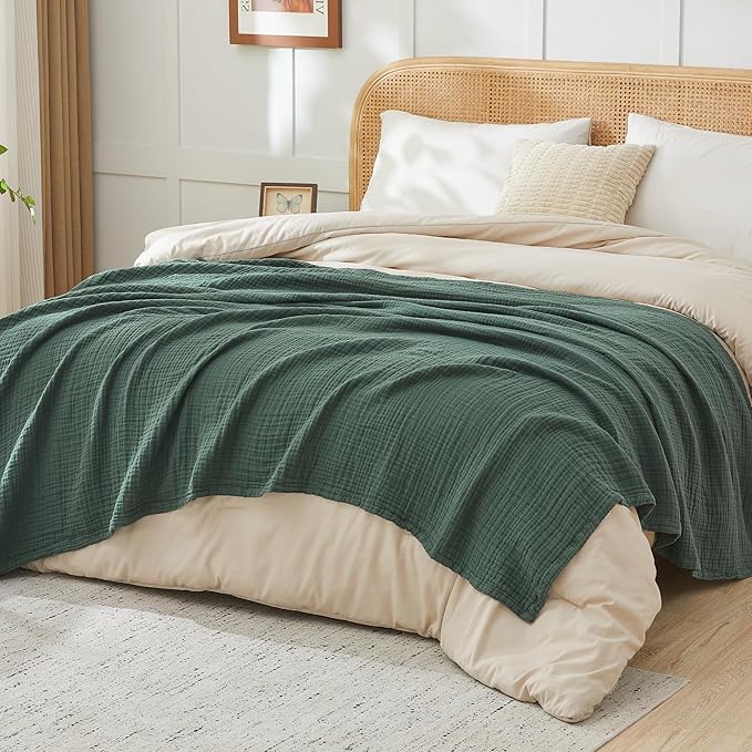 EMME Cotton Muslin Twin Blanket Breathable Gauze Blanket Soft Lightweight Blankets Adults Gifts for Women (Forest Green, 60"x80")