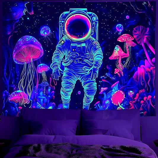 BVBOX Astronaut Space Blacklight Tapestry 79"x59", UV Reactive Astronaut Mushroom Forest Universe Galaxy Planet Glow in Dark Tapestries, Black Light Neon Upright Poster Wall Hanging Backdrop Decor for Bedroom Living Room