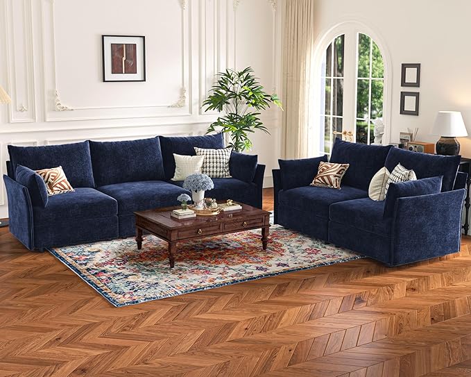 135.5" Oversized Modular Sectional Sofa, L Shaped Convertible Couch with Movable Ottoman, 5 Seat Corner Couches for Living Room Deep Seat Blue Chenille