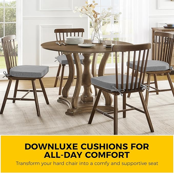 downluxe Indoor Chair Cushions for Dining Chairs, Soft and Comfortable Textured Foam Kitchen Chair Pads with Ties and Non-Slip Backing, 16" x 16" x 2", Dark Grey, 4 Pack