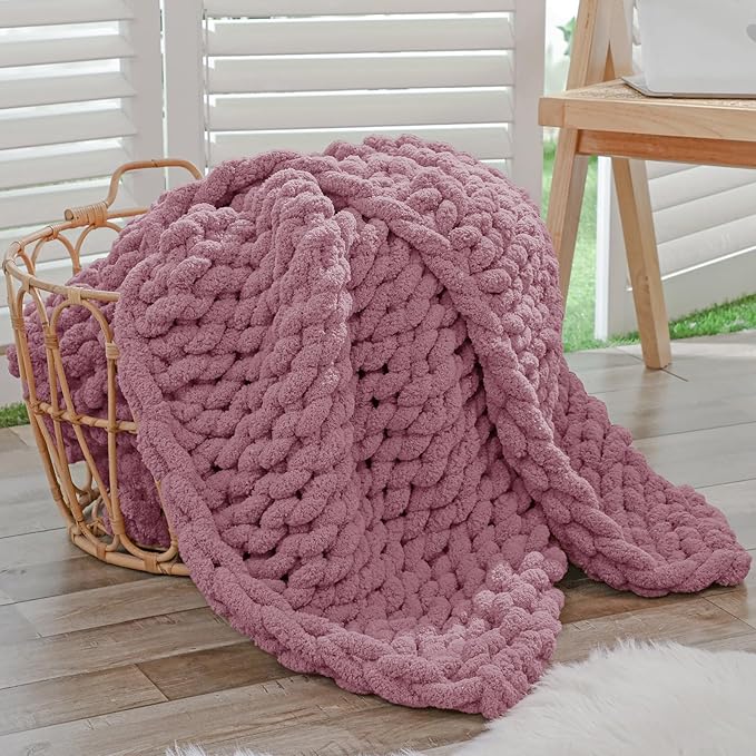 Bigacogo Chunky Knit Throw Blanket for Couch, 40x60 inches, 100% Hand Knitted with Thick Jumbo Chenille Yarn, Cozy Soft Large Rope Knot Cable Crochet Blankets for Sofa Bed Living Room, Burnt Rose