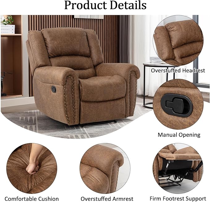 CANMOV Manual Reclining Sofa Set,Faux Leather Manual Recliner Loveseat and Recliner Chair with Overstuffed Armrest for Living Room,Bedroom Furniture,Office,Nut Brown