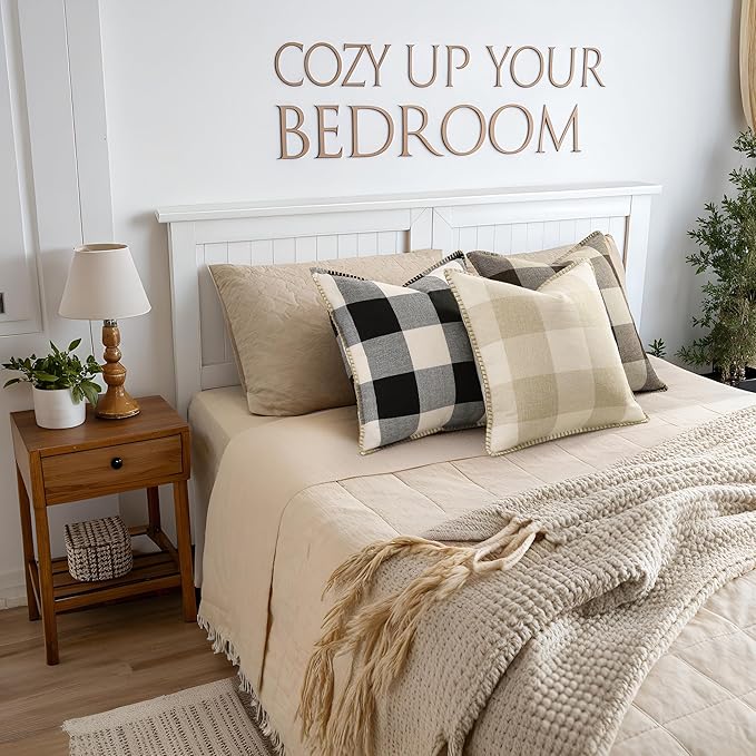 decorUhome Buffalo Plaid Check Throw Pillow Covers 18x18 Set of 2, Outdoor Decorative Farmhouse Neutral Pillow Covers with Stitched Edge for Bed Couch Sofa, Black and White