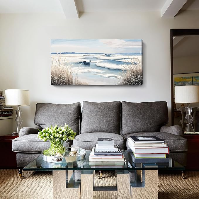 amatop Large Canvas Art Wall Decor for Bedroom Living Room –Rustic Coastal Ocean Artwork for Walls with Sailboat and Waves – Blue and White Nautical Beach Seascape Canvas Print 48x24 Inch