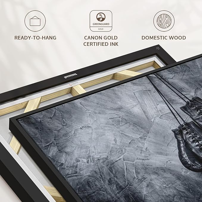 ElephantStock Boxing Gloves Wall Art - Horizontal Framed Canvas - 1-Piece Living Room Wall Decor - Photography Sports Canvas Print - Black and Gray Decor for Wall - 19" X 13"