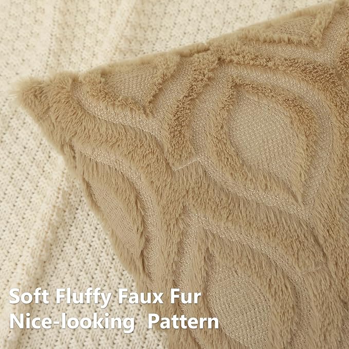 decorUhome Throw Pillow Covers 16x16 Inch Set of 2, Soft Plush Decorative Faux Fur Light Brown Solid Couch Pillow Covers, Accent Farmhouse Neutral Square Euro Pillow Cases for Sofa Bed Living Room