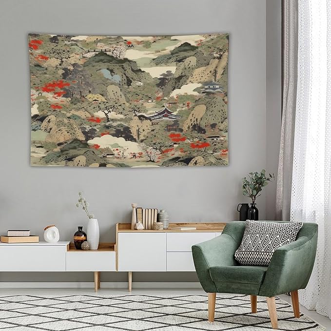 Asian Tapestry,Japanese Red Landscape Asian Watercolor Abstract Art Tapestry, Asian Japanese Wall Tapestry, Nature Landscape Tapestries for Bedroom Living Room Decor 60"x40"
