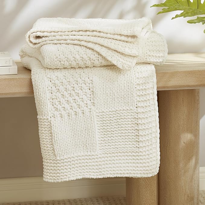 Amélie Home Chenille Knit Throw Blanket for Couch, Checkered Texture Decorative Soft Blanket for Sofa, Bed & Living Room, 50"x60", Ivory