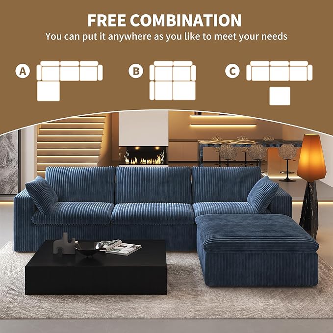 118" L Shaped Modern Sofa Modular Sectional Cloud Couch with Ottoman,Deep Seat Upholstered Couches with Plush Corduroy Fabric for Living Room Furniture,Bedroom and Apartment,No Assembly Required,Blue