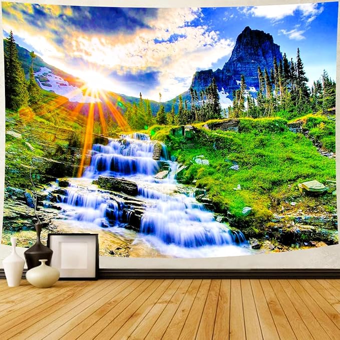 Delur Mountain Waterfall Tapestry Sunset Forest Tree Nature Landscape Tapestry Wall Hanging Tropical Sunrise Rainforest Psychedelic Scenic Headboard for Bedroom Living Room Home Decor (59.1" x 78.7")