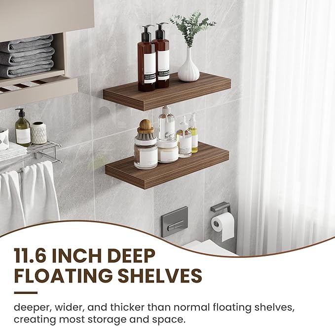 24 Inch Floating Shelves, 12 Inch Deep Floating Shelves for Wall, Floating Shelf with Invisible Brackets, Deep Shelves for Bathroom, Bedroom, Living Room, 2 Pack, Walnut