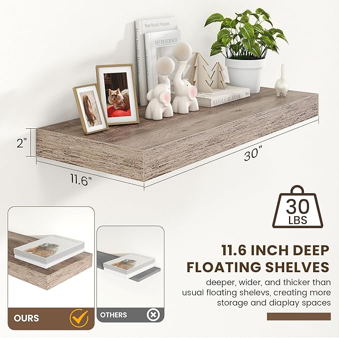 Deep Floating Shelves for Wall | 30 Inch Wide x 12 Inch Deep Floating Shelves | 30W x 12D Rustic Grey Wood Wide Wall Shelves | Bookshelf Laundry Shelf TV Shelf