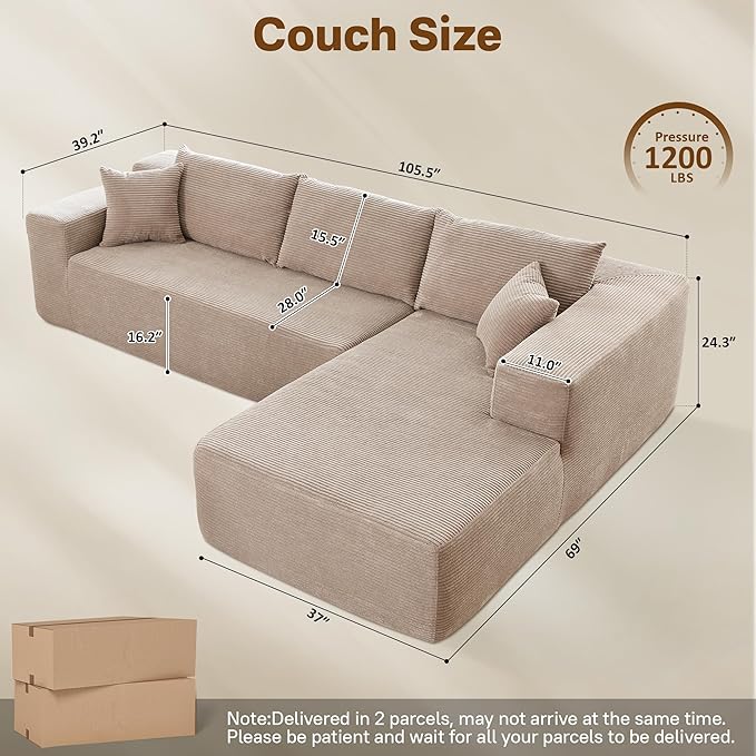 104" Cloud Sectional Couches for Living Room,L Shaped Boneless Couch in A Box,Sleeper Sofa with Comfy Chaise No Assembly Required,Camel