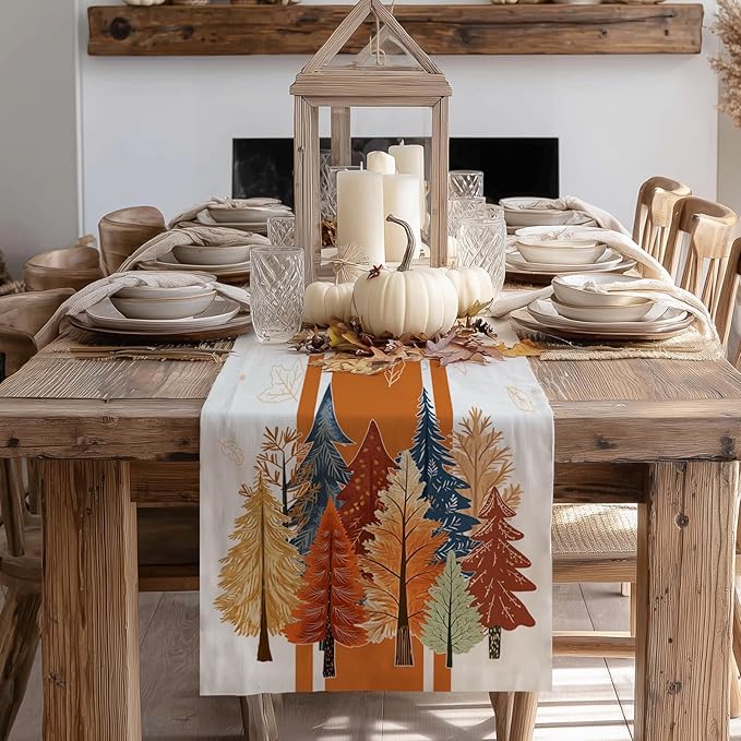 GEEORY Fall Watercolor Trees & Maple Leaves Striped Table Runner 13x90 Inch, Rustic Farmhouse Autumn Thanksgiving Decor for Kitchen, Dining, Indoor/Outdoor Holiday Dinner Party Orange GT157-90