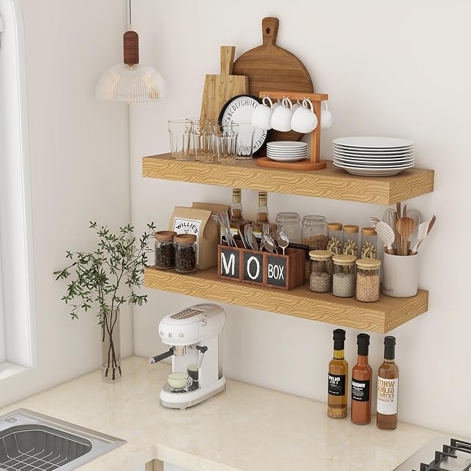 Deep Floating Shelves for Wall, 35.4W x 11.6D Rustic Large Wall Shelves Set of 2, 11.6 Inch Deep Oak Shelves 35.4 Inches Long, Bookshelf Laundry Shelf TV Shelf