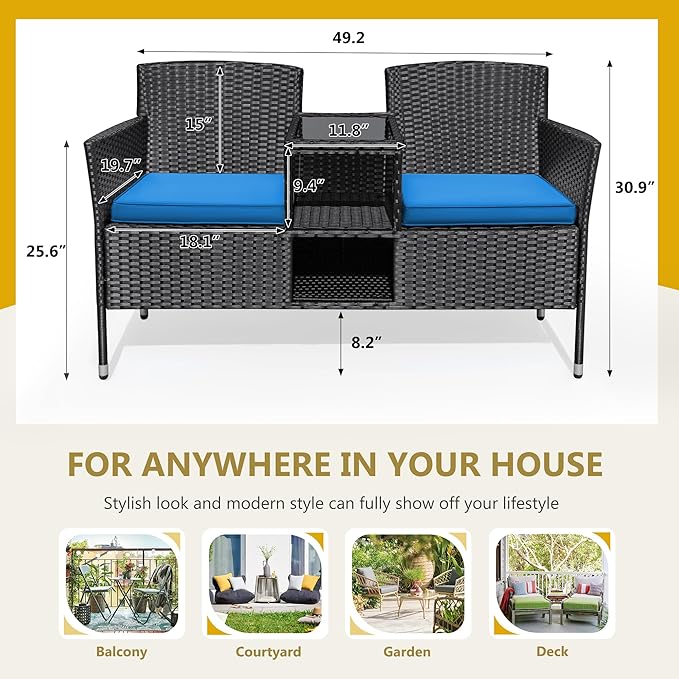 Flamaker Outdoor Furniture Patio Loveseat Wicker 2-Seat with Built-in Table and Cushions Rattan Porch Chairs Bench for Balcony, Lawn, Backyard (Blue)