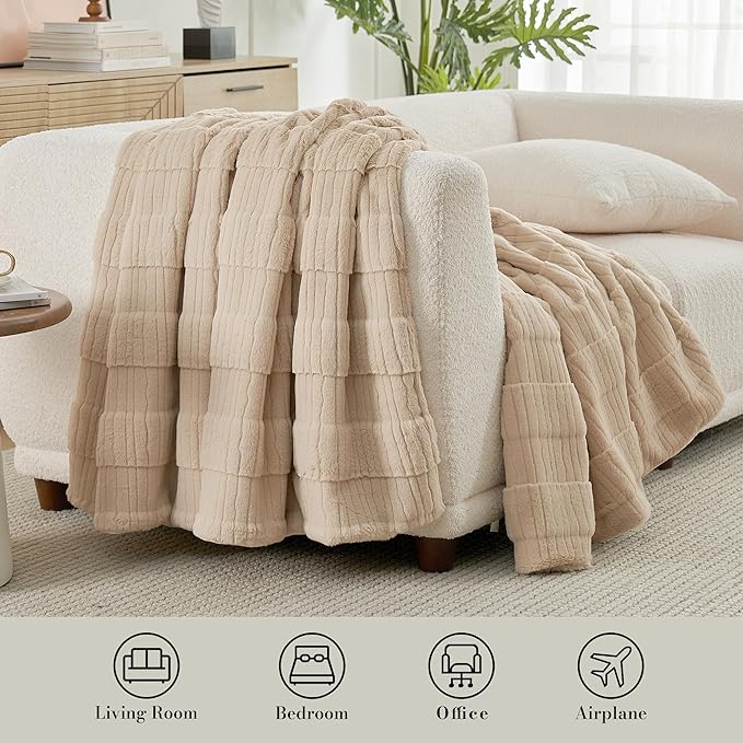 Amélie Home Luxury Striped Faux Fur Throw Blanket for Couch, Embossed Split Fur Cozy Fuzzy Fluffy Luxurious Soft Plush Sofa Chair Bed Gift Blankets for Women Men Wife Friend, 60"x80", Beige