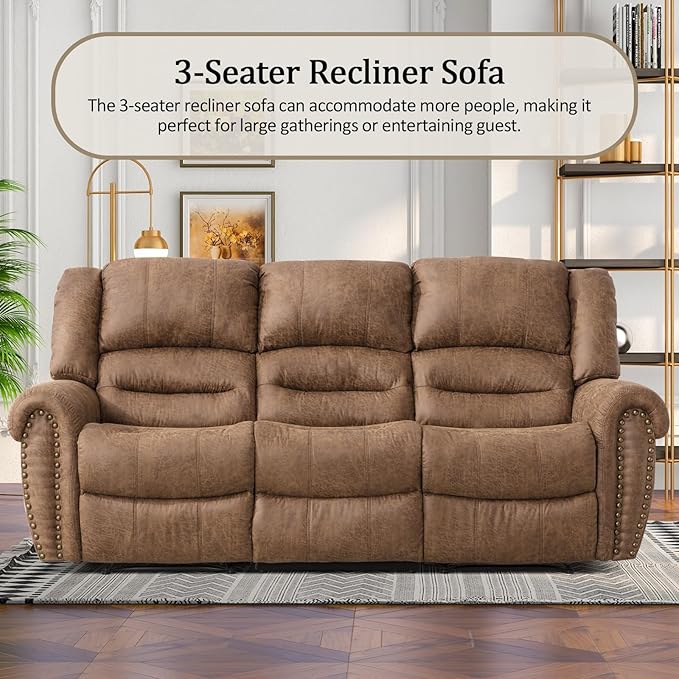 CANMOV Faux Leather Manual Recliner Sofa Set,Manual Reclining Sofa and Recliner Loveseat with Overstuffed Armrest for Living Room,Bedroom Furniture,Office,Nut Brown