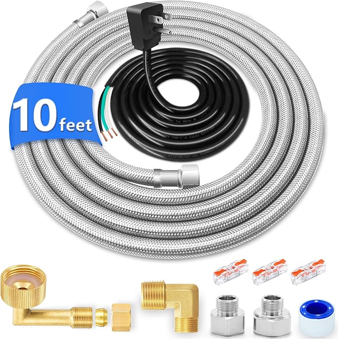 Dishwasher Installation Kit - 10 FT Stainless Steel Dishwasher Hose with 3/8" Compression Connections,Food Grade PEX Inner Tube Dishwasher Water Supply Line with Elbows,Adapters and 6 FT Power Cord