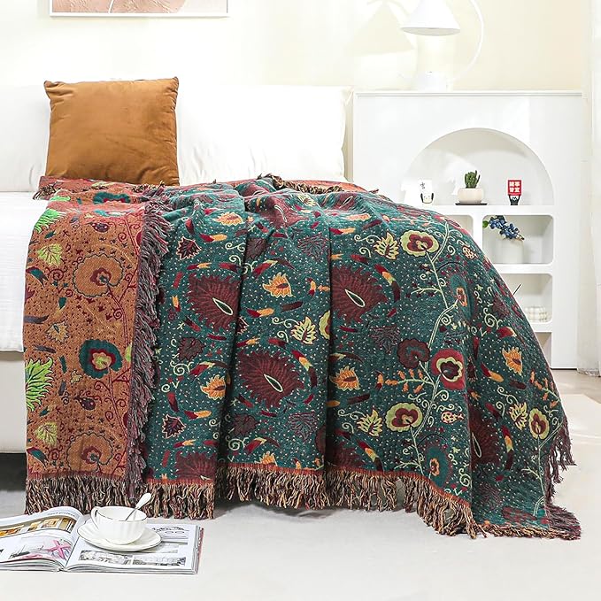 Boho Fall Throw Blanket for Bed，100% Ultra Cotton Soft Breathable Bed Throw Floral Printed Farmhouse Decor Rustic Bed Throws for Couch Sofa Quilt 90" x 98"