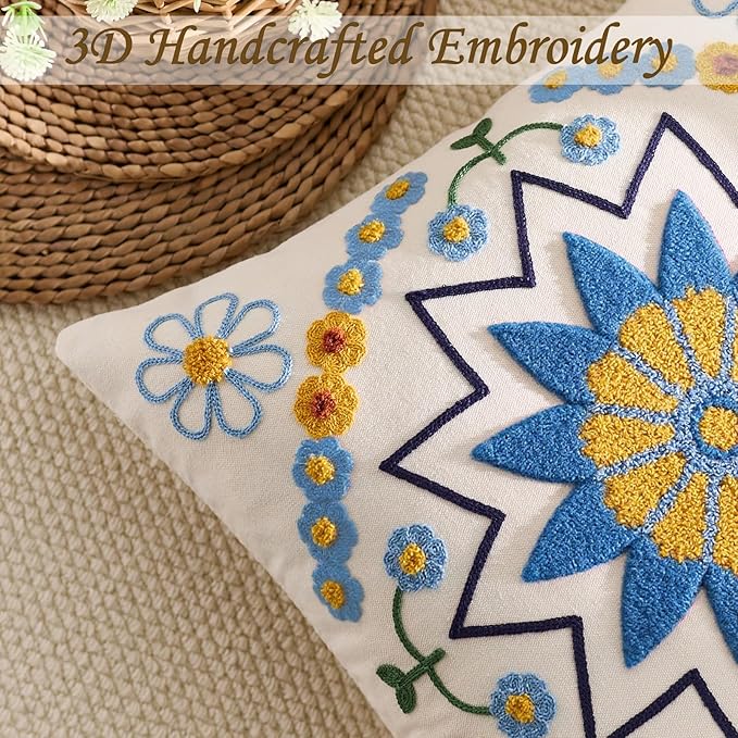 Embroidered Throw Pillow Cover 18x18 Classic Boho Floral Pattern Pillows Cover Outdoor Decorative Pillowcase,Durable Cozy Textured Cushion Case for Sofa Couch Bed Living Room,Blue Orange