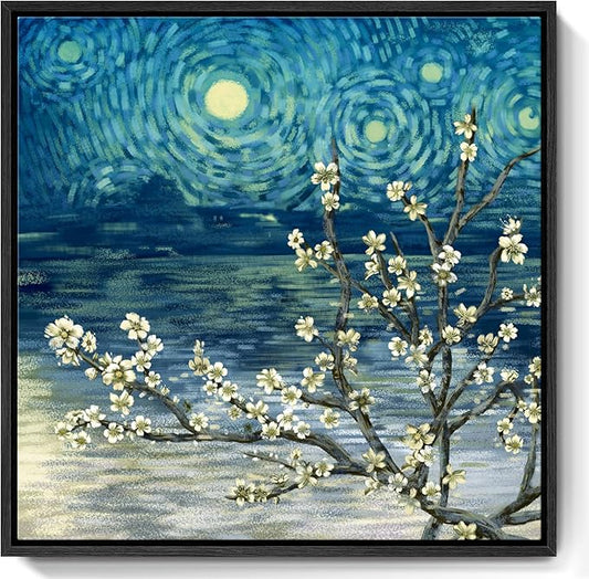 Framed Wall Art Bathroom Décor Modern Floral Tree Canvas Picture Plum Blossom Starry Night Flower Canvas Print Abstract Lake Blue Teal Yellow Painting for Modern Living Room Bedroom Office Décor Small
