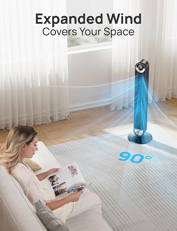 Dreo Tower Fan for Bedroom, 90° Oscillating Standing Floor Fan with 28ft/s Velocity, 25dB Quiet for Sleep, DC Motor, 9 Speeds, 4 Modes, 12H Timer, Voice & APP & Remote Control, 42" Cruiser Pro T2 S