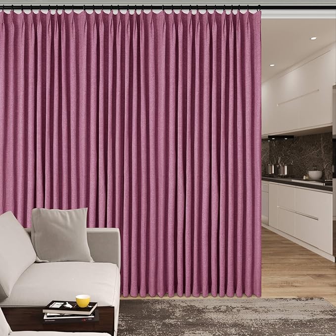 Full Blackout Privacy Curtains, 240 Inch Extra Wide Linen Blend Drapes, Pinch Pleat Window Drapery for Room Divider Storage/Space Room Separation, 1 Panel, W 240" x L 108", Lilac