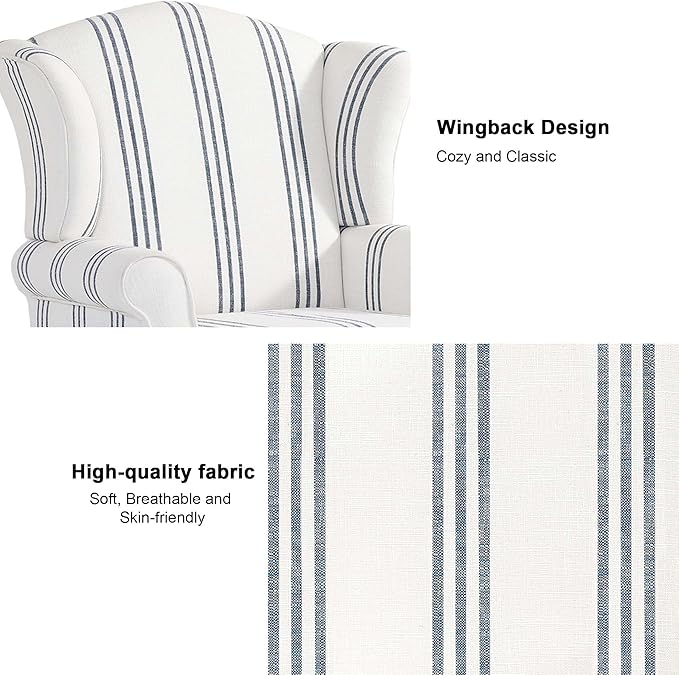 Accent Chair, High Back Upholstered Armchair with High Resilience Sponge & Wood Legs, Mid-Century Modern Comfy Single Sofa Reading Chairs for Living Room, Bedroom (Stripe Navy, Set of 1)