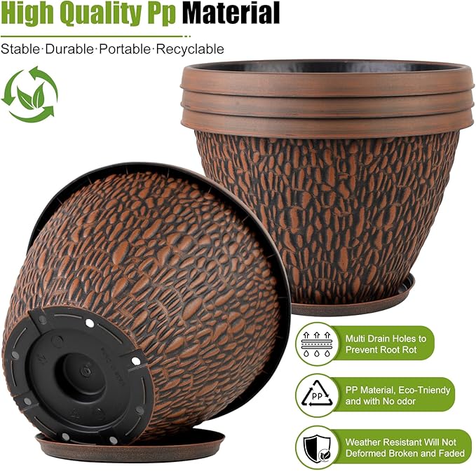 16 Inch Large Outdoor Plant Pot, 4 Pack Thickened Flower Pots with Drainage Holes & Saucer, Pebbles Pattern Design Tree Planters Outdoor for Garden Porch Home