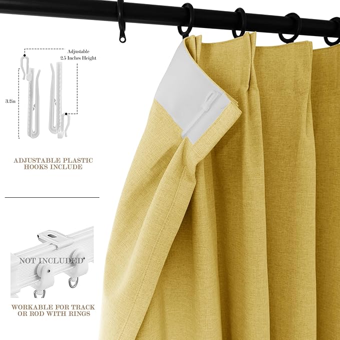 100% Blackout Linen Textured Drapes for Bedroom Pinch Pleated Curtains for Track System Portable Drapery for Sliding Glass Door/Storage/Space Room Divider, 70" Wx84 L, 1 PC, Yellow