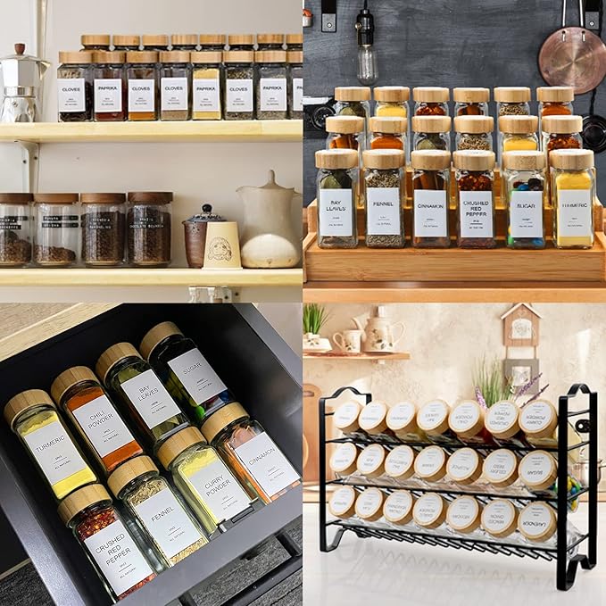 AISIPRIN Glass Spice Jars with 398 Labels, 24 pcs 4oz Spice Containers with Bamboo Lids, Square Spice Bottles With Shaker Lids,Spice Organization for Cabinet,Drawer,Rack,Seasoning Organizer