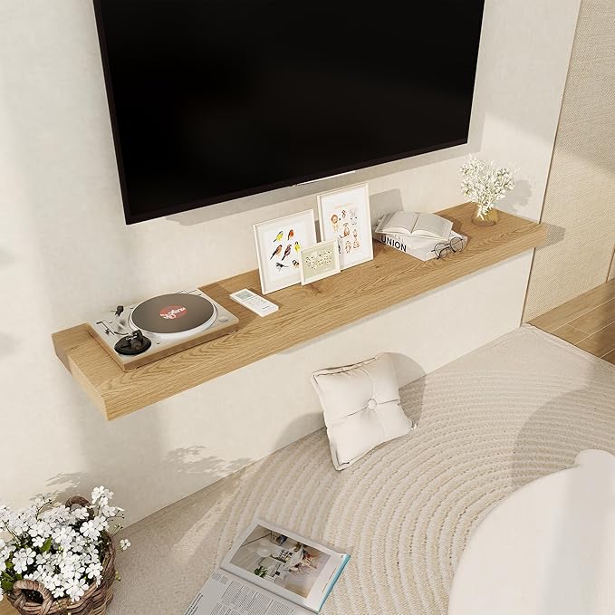 Fun Memories 55 Inch Floating Shelves, 12 Inch Deep Floating Shelf for Wall, 55 x 12 Large Floating Shelves for Fireplace Mantel, 2 Inch Thick Wall Shelf for Living Room, Bedroom, Oak Color, 1 Pack