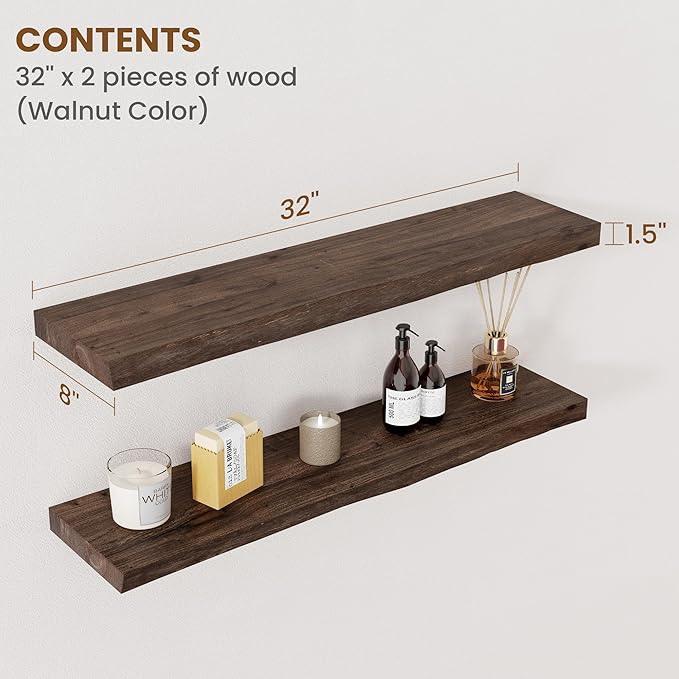 Floating Shelves for Wall Decor, Rustic Solid Elm Wood Live Edge Floating Shelves Wall Mounted, Wall Shelves with Invisible Bracket for Living Room Bathroom Bedroom Kitchen, 32 Inch Set of 2, Walnut