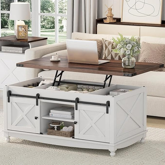 48" Farmhouse Lift Top Coffee Table with Storage Sliding Barn Door & Large Hidden Compartment, Coffee Table with Lifting Top with Wooden Lift Tabletop, Coffee Tables for Living Room, White