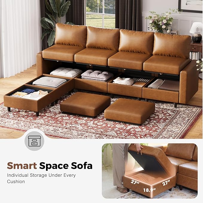 ABCASA Oversized 145.5" Faux Leather Modular Sectional Sofa, Modern Large 10 Seater U Shaped Couch with Storage Seat with Reversible Chaise Deep Seat for Living Room DIY Combination - Brown
