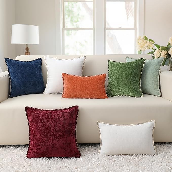 decorUhome Fall Chenille Soft Throw Pillow Covers 22x22 Set of 2, Farmhouse Velvet Neutral Decorative Euro Pillow Covers with Stitched Edge for Couch Sofa Bed Home Decor, Rust