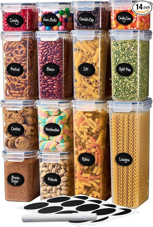 DWËLLZA KITCHEN Set of 14 Airtight Food Storage Containers for Pantry Organization and Storage - Sugar, Flour, Pasta, Spaghetti Plastic Air tight Kitchen Storage Containers With Lids, Labels & Marker