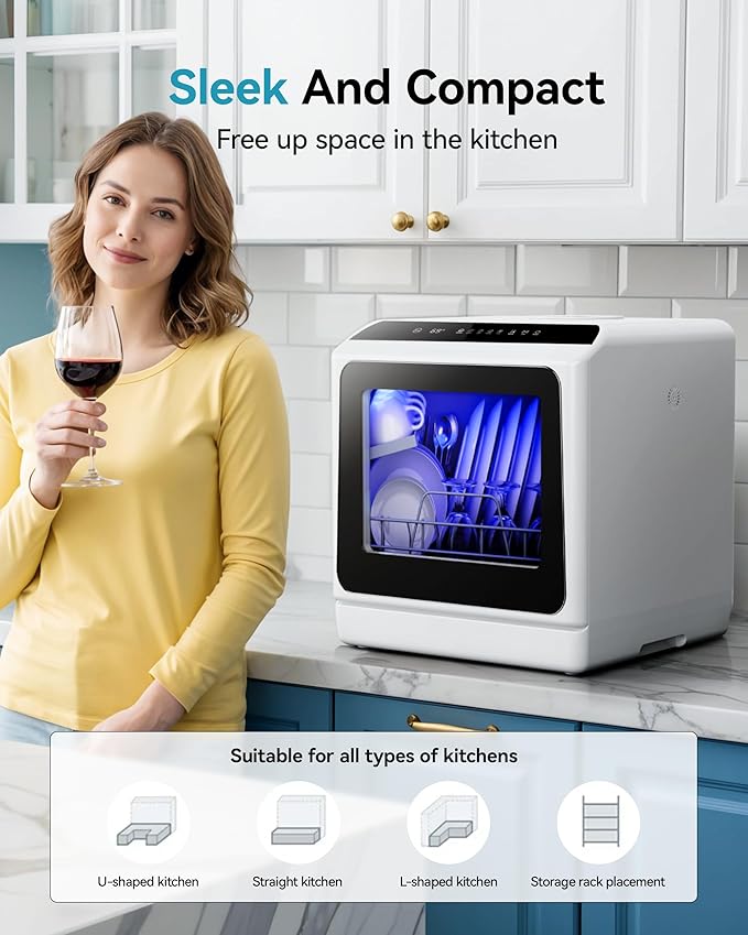 EUHOMY Countertop Dishwasher with 5L Built-in Water Tank& Inlet Hose Portable Mini Dishwashers with 6 Programs for Small Apartments, Dorms and RVs,High-Temp& Air-Dry Function, No Hookup Needed
