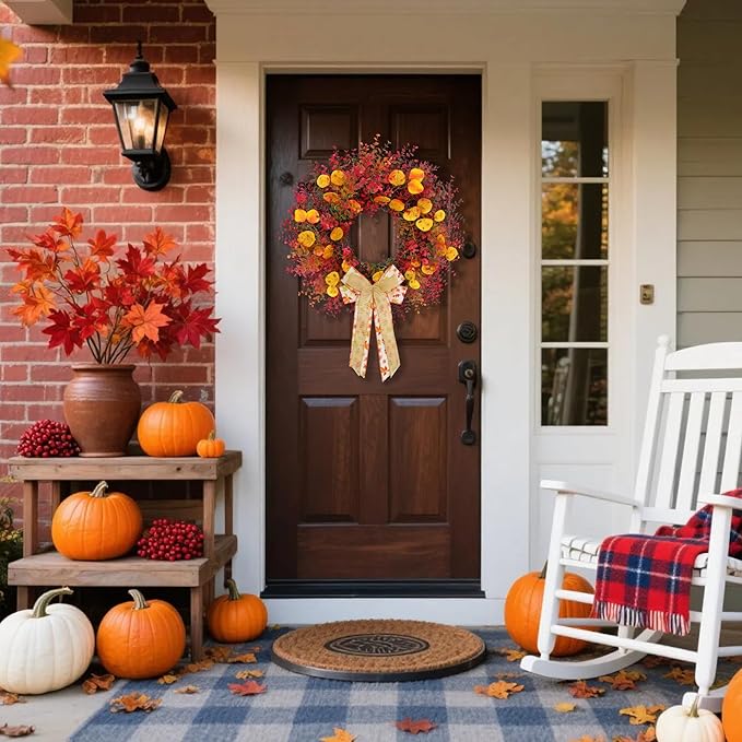 CYANBLOOM Fall Front Door Wreath: 24 Inch Large Burgundy Boxwood Eucalyptus Wreaths with Maple Bow for Rustic Farmhouse Decor - Weatherproof Outdoor Indoor All Season - Thanksgiving Halloween Decor