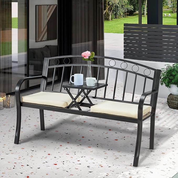 AVAWING Outdoor Metal Garden Bench, 2-Seat Patio Porch Bench with Steel Frame, Park Bench w/Pullout Middle Table＆ Cushion for Backyard Lawn Deck Entryway, Black