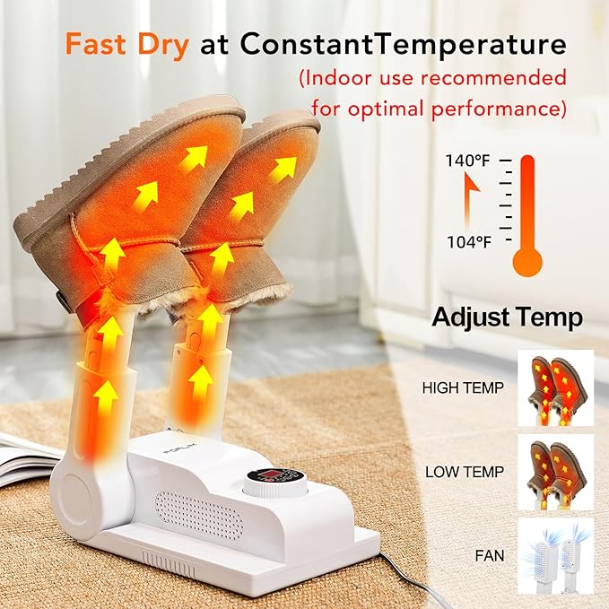 FORLIM [Upgraded Temperature Control] Boot Dryer for Work Boots - Shoe Dryer with 24-Hour Delay Timer, Portable Glove Dryer & Boot Warmer, Automatic Shut-Off Timer, Folding Design, Smart Panel, White