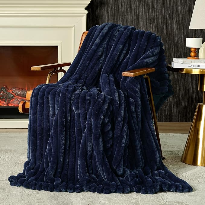 Amélie Home Faux Fur Throw Blanket for Couch, Cozy Fuzzy Fluffy Fur Luxurious Soft Striped Plush Gift Blankets for Family Sofa Chair Bed Living Room Bedroom, 55"x70", Navy Blue