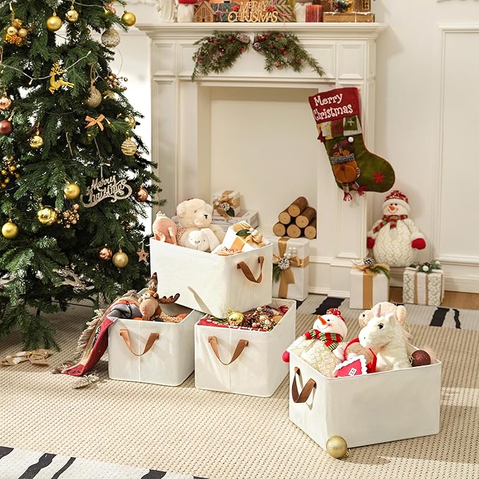 GRANNY SAYS Closet Storage Baskets, Collapsible Fabric Storage Bins with Metal Frame, Clothes Organizer Bins, Large Baskets for Shelves, Ivory, 4-Pack