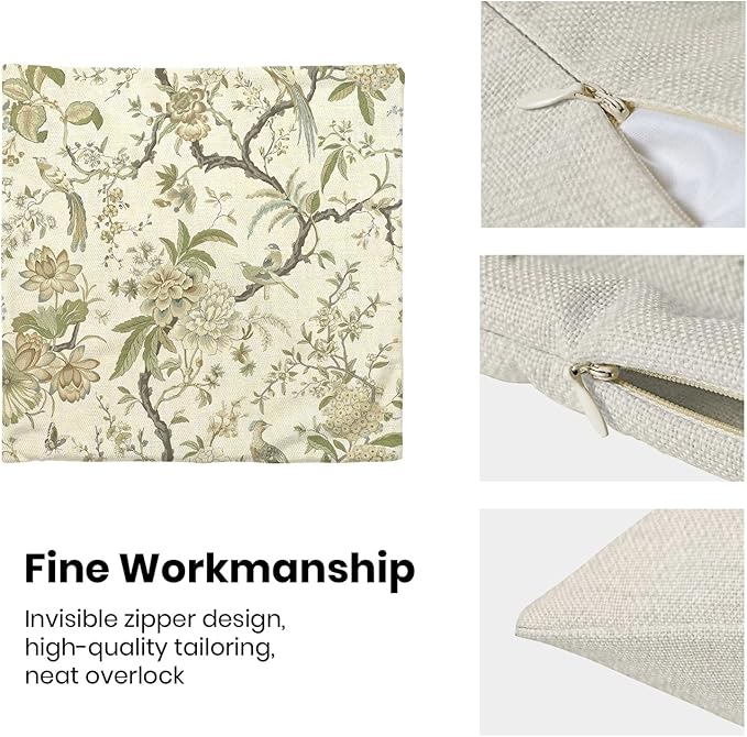 CXMEIFLY Spring Floral Birds Pillow Covers 18 x 18 Inch Set of 2 for Chinoiserie Flowers Decor Throw Pillows Sage Green Plant Outdoor Decorative Cushion Cases for Couch Bed Decorations